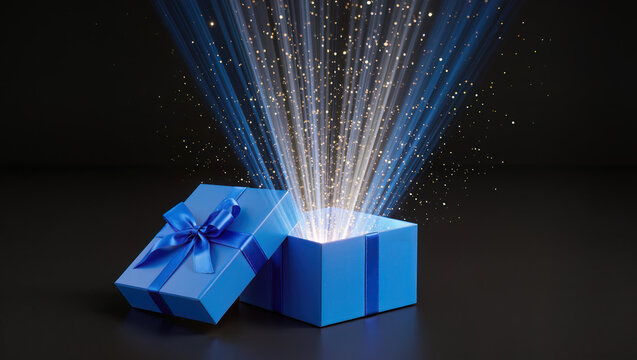 A vibrant blue gift box sits open against a deep, dark background. Ethereal beams of light and shimmering sparkles emanate from within the opened box, suggesting an element of surprise.