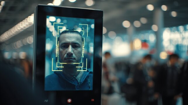 Medium shot of a hightech facial recognition system scanning a persons face at an airport security checkpoint - Powered by Adobe
