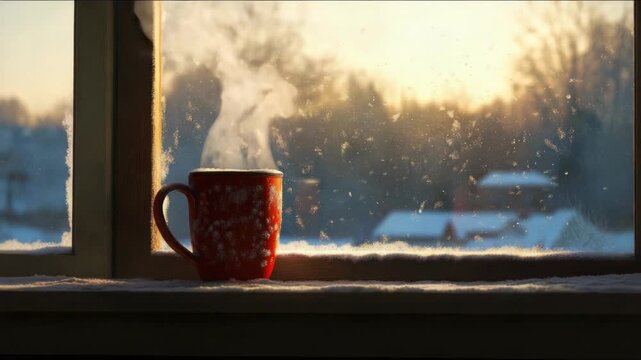 A steaming red mug sits on a snowy windowsill. Golden light illuminates the cozy winter morning scene.