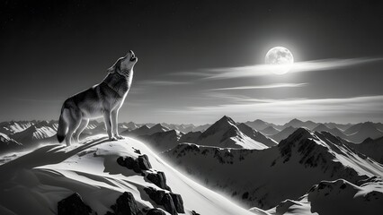 Wolf Howling at Full Moon on Mountain Peak in Dramatic Black and White Landscape