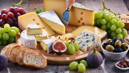 A variety of artisan cheeses are artfully arranged on a rustic wooden table. This includes creamy brie, sharp cheddar, pungent blue cheese, and nutty Gruyère. crusty bread, and a small bowl of olives.