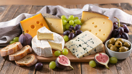 A variety of artisan cheeses are artfully arranged on a rustic wooden table. This includes creamy brie, sharp cheddar, pungent blue cheese, and nutty Gruyère. crusty bread, and a small bowl of olives.