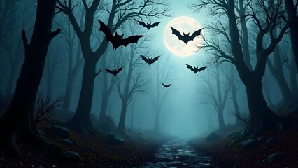 Halloween-Themed Bat Silhouettes Above a Haunted Forest