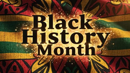 Black history month animated title sequence. Sparkling text on colorful floral patterns. Cultural awareness and heritage celebration graphic for february commemoration.