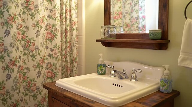 Cozy bathroom vanity with floral shower curtain, mirror, and wooden shelf above