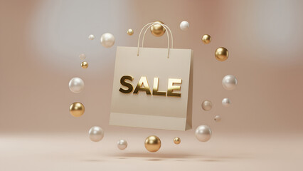 Sale celebration with floating luxury spheres and elegant shopping bag in beige gold festive background for premium retail discount advertising design