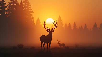 Deer Silhouette with Large Antlers at Sunrise Mist