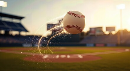 A classic baseball flying dynamically with a magical glowing trajectory across a vibrant stadium field, illuminated by a beautiful golden sunset sky.