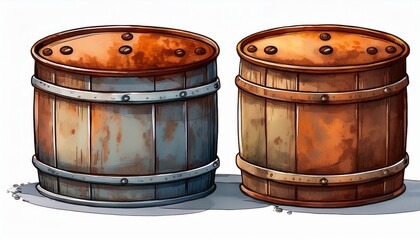 Fototapeta premium watercolor rusty metal barrel with two lids and rivets on white background graphic design isolated on a white background