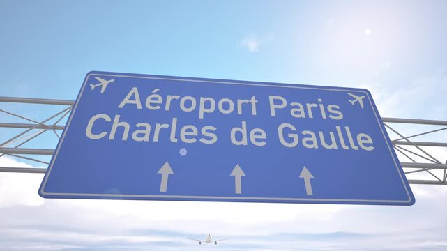 Clean 3D road sign near Paris Charles de Gaulle Airport with airplane approaching from distance, arriving to Paris, France.