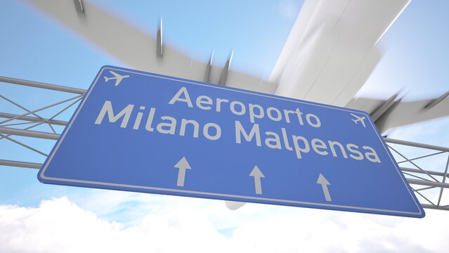 Bright blue motorway indicator toward Milan Malpensa Airport with passenger jet lowering toward the airport, arriving to Milan, Italy. 3D rendering