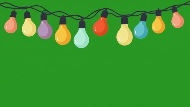 Colorful String Lights Garland Festive Decoration on Green Background.