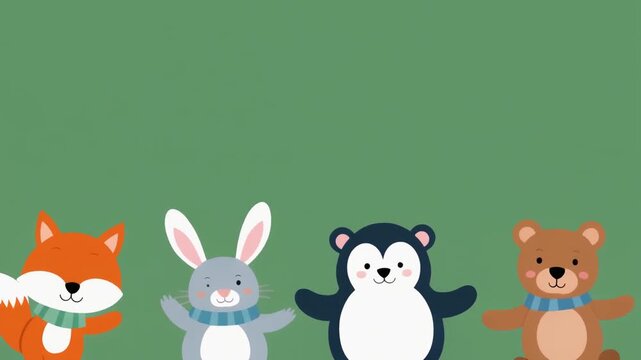 Cute cartoon animals including a fox rabbit penguin and bear with scarves on a green background.