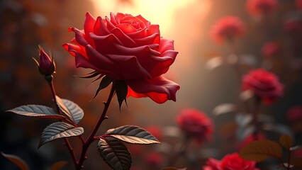 Blooming Rose Silhouette with Leaves and Stem