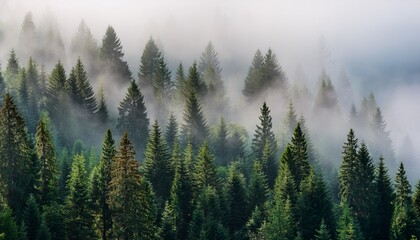 a dense pine forest is shrouded in morning mist giving it a foggy appearance