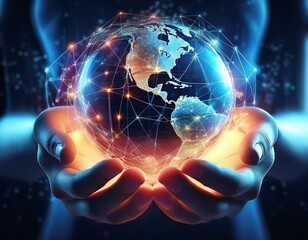 global connection technology network in hands a digital world connecting with energy creative concept with glowing earth