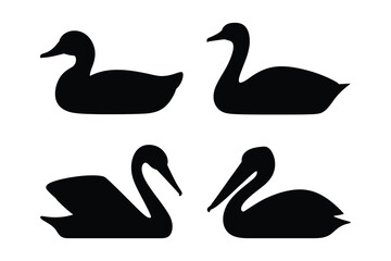 Silhouettes of various water birds including duck, swans, pelican