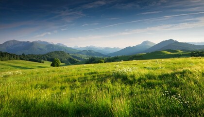 Fototapeta premium serene countryside meadow with lush grass and distant mountains
