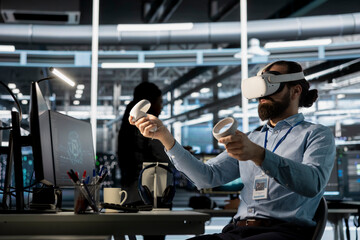 Data center software developer programming equipment using virtual reality technology. Server farm IT professional using VR headset tech to upgrade artificial intelligence systems