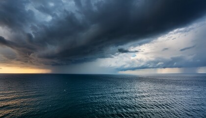 Stormy Sky With Dark Weather Front Clouds Gathering Over Ocean Water In A Summer Evening Rainstorm