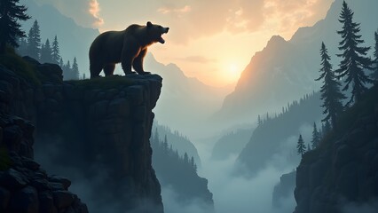 Bear Roaring Silhouette on Rocky Cliff