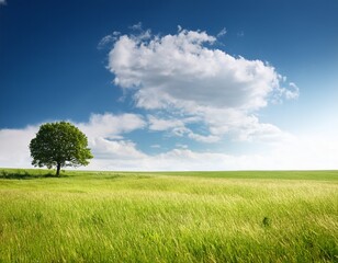 serene meadow with single tree under bright sky evoking tranquility