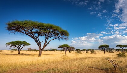 Obraz premium serene savanna landscape featuring acacia trees under bright blue sky