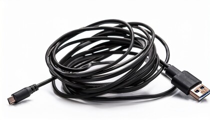 black usb cable tangled on a white background tangled charging cable isolated