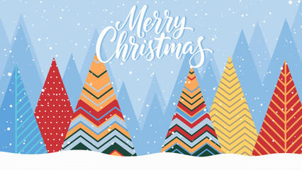 Merry Christmas Hand Drawn Lettering. Christmas Greeting Card. Colorful Patterned Trees.