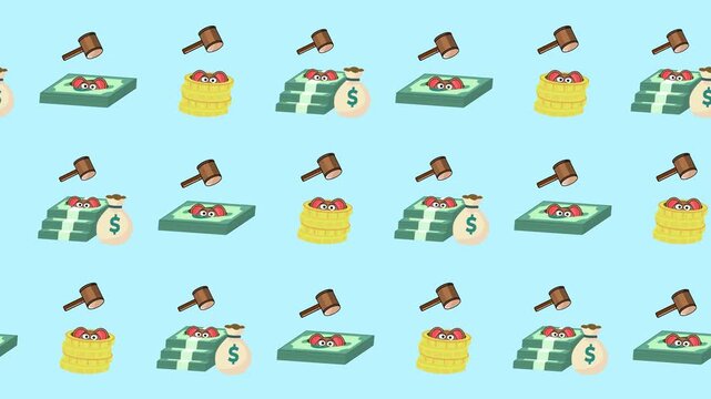 Seamless pattern of financial litigation, corruption, and legal fee symbols in a tile background animation. Repeating wallpaper with the cost of justice and bribe money in a looping backdrop graphic.