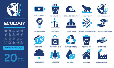 Set of 20 modern ecology vector icons including battery, recycling, conservation, and green energy in filled and outline styles. Perfect for environment, sustainability, and eco projects