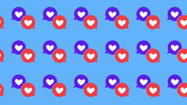 Seamless pattern of heart speech bubble and social communication icons in a tile background animation. Repeating wallpaper with digital love, online chat, and affection symbols in the backdrop looping