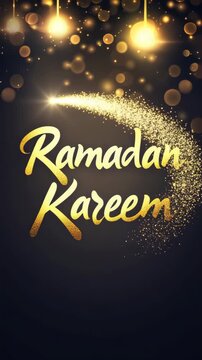 Golden and black poster with the word Ramadan Karim, written in gold letters. The poster has a gold and black color scheme and is decorated with gold and black elements