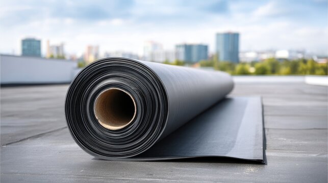 Roll of black roofing membrane on a flat roof with city buildings in the background.