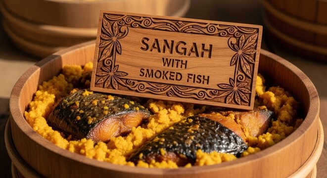 Sangah with Smoked Fish &ndash; Cameroonian Cassava & Cocoyam Stew in Pot, Sapele Wood Sign