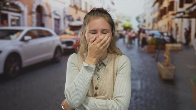 Woman hand laughter street blonde young mouth covering surprise outdoor moment showcases carefree joy.