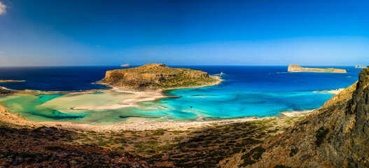 Amazing drone view of Balos Lagoon and white sandy beach, Crete, Greece