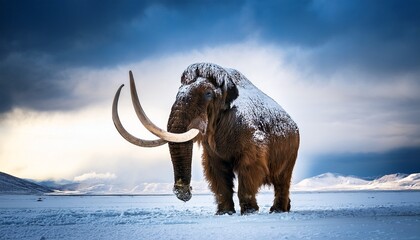 A Majestic Woolly Mammoth Stands On An Icy Plain Under A Cloudy Sky Its Tusks Curved And Fur Covered In Snow