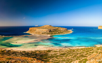 Amazing drone view of Balos Lagoon and white sandy beach, Crete, Greece