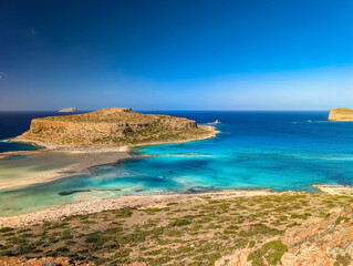 Amazing drone view of Balos Lagoon and white sandy beach, Crete, Greece