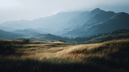 Spectacular mountain landscape with dramatic foggy peak and serene grass field