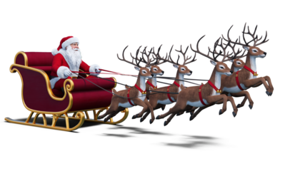 Santa Claus rides a sleigh pulled by six reindeer during the Christmas season at night. Isolated on transparent background