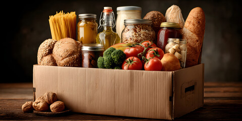 A cardboard box overflowing with an assortment of food items ready for donation