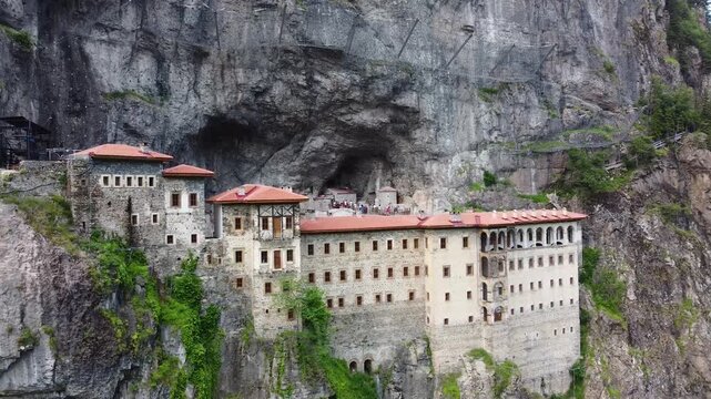 Aerial view of Sumela monastery in mountain landscape