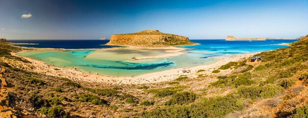 Amazing drone view of Balos Lagoon and white sandy beach, Crete, Greece