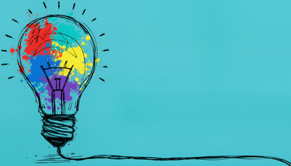 A light bulb is filled with bright colors and patterns, standing out against a blue background