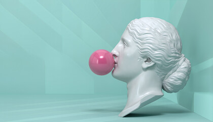 Hyper clean minimal cloud wonder features a classical statue blowing a pink gum bubble in a modern setting
