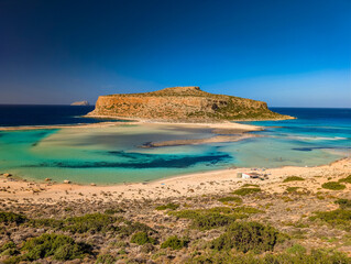 Amazing drone view of Balos Lagoon and white sandy beach, Crete, Greece
