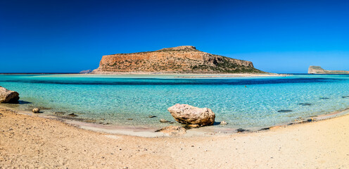 Amazing drone view of Balos Lagoon and white sandy beach, Crete, Greece