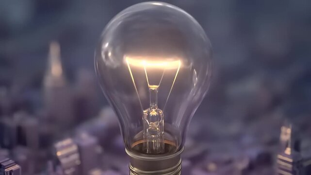 Illuminated Light Bulb Represents Innovation and Bright Ideas in a Cityscape.